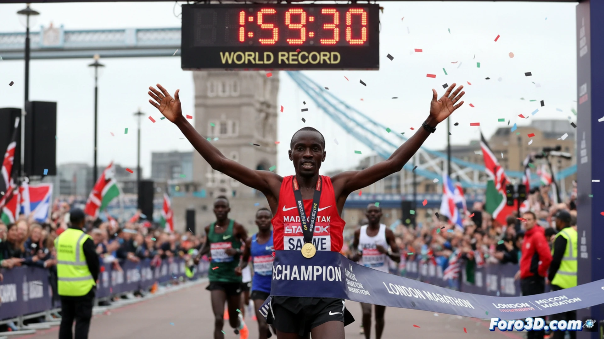 Sawe cruza la meta en Londres, crono marca 1:59:30, multitud vitorea su récord histórico bajo dos horas.