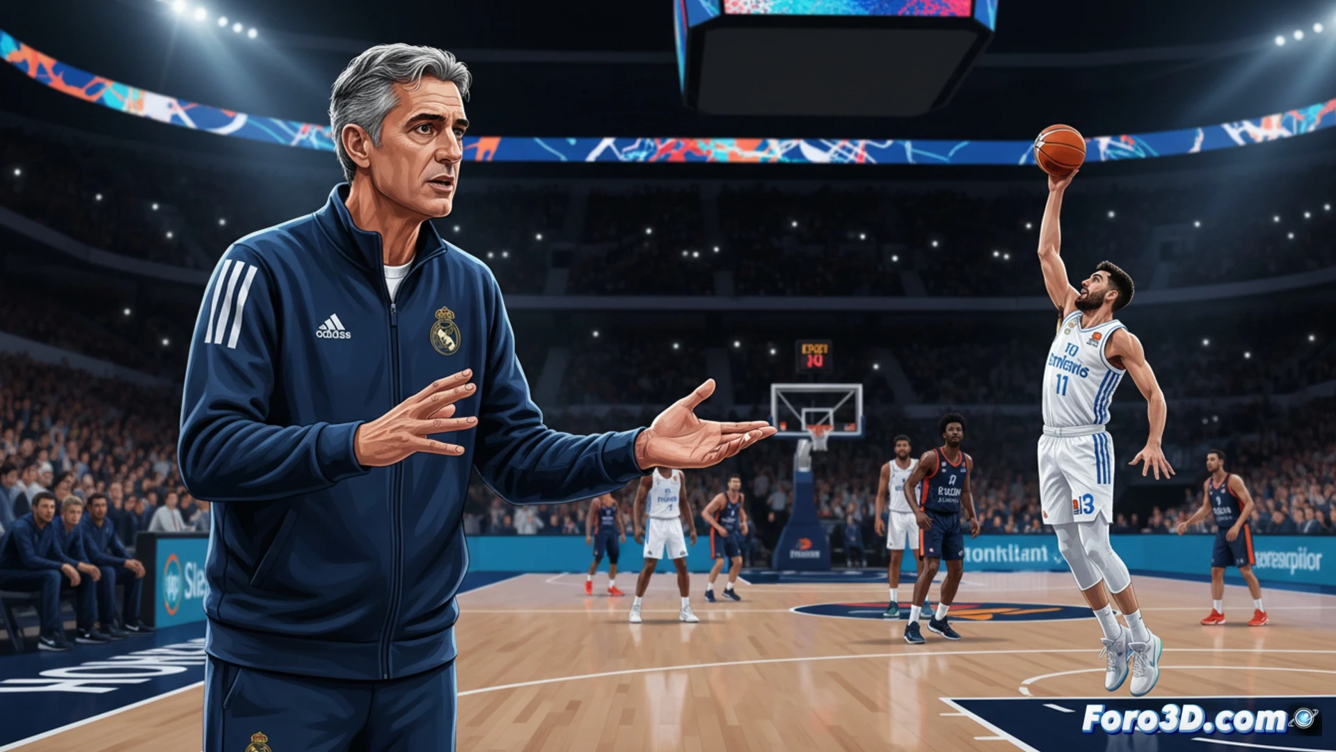 Sergio Scariolo hablando en rueda de prensa, con el logo del Real Madrid al fondo.