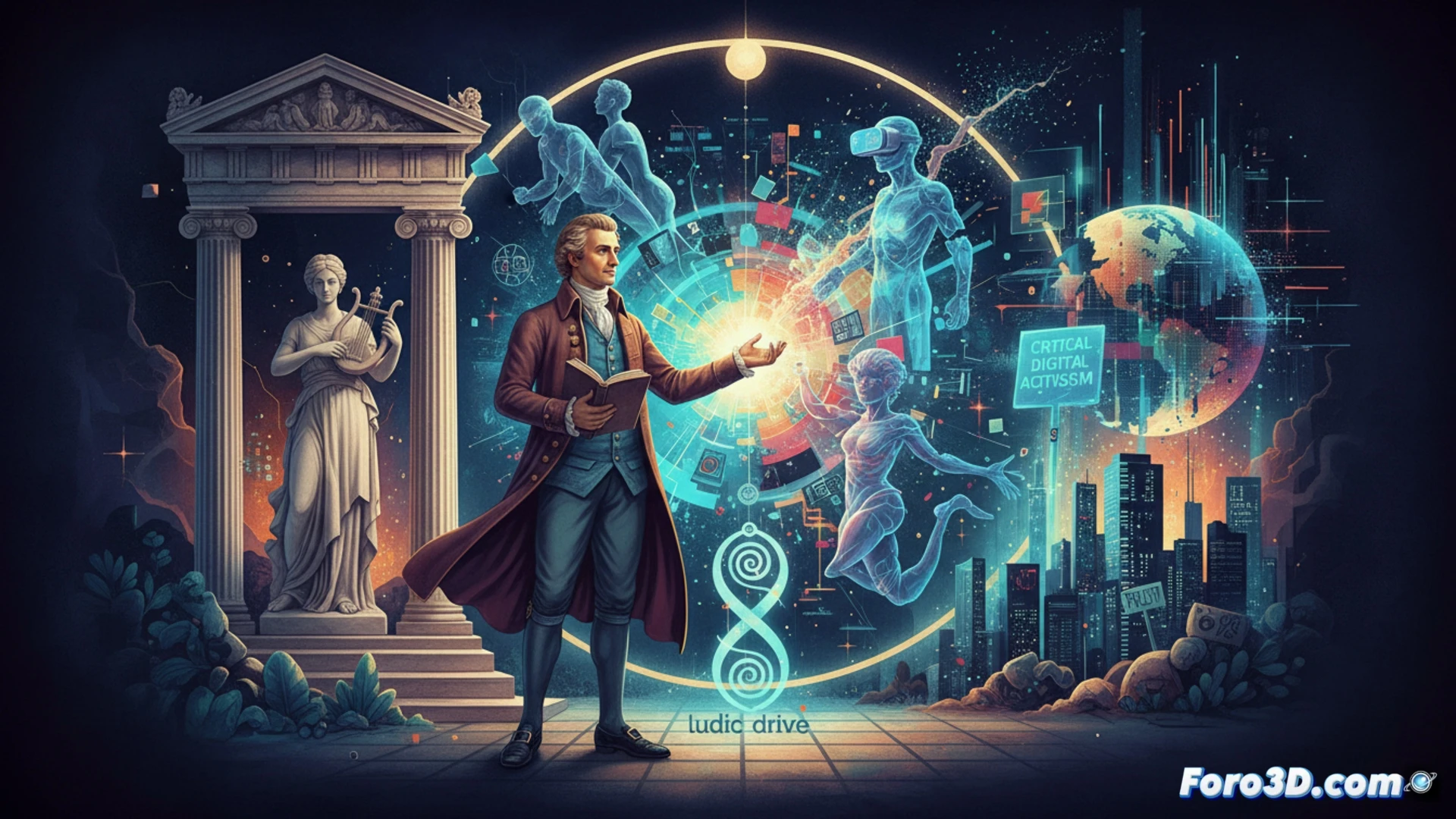 Escultura digital abstracta que fusiona formas humanas con elementos geométricos y de red, en tonos azules y dorados.