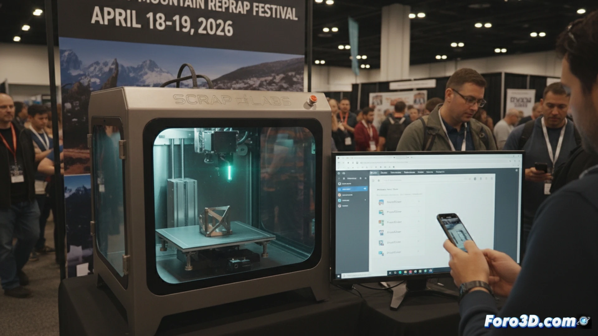 Impresora 3D Scrap 1 con láser de 200W, volumen cúbico de 100 mm y software abierto en un escritorio.