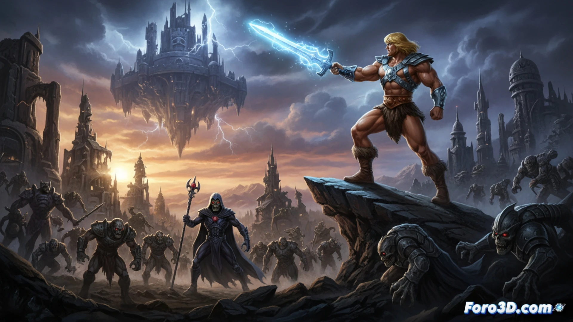 Un joven terrestre empuña la Espada del Poder, transformándose en He-Man frente a las amenazantes sombras de Skeletor en Eternia.