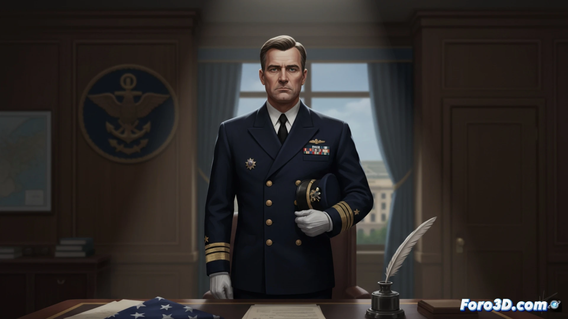 Retrato oficial de John Phelan, Secretario de la Marina, sobre un escritorio vacío con el emblema del Departamento de Defensa al fondo.