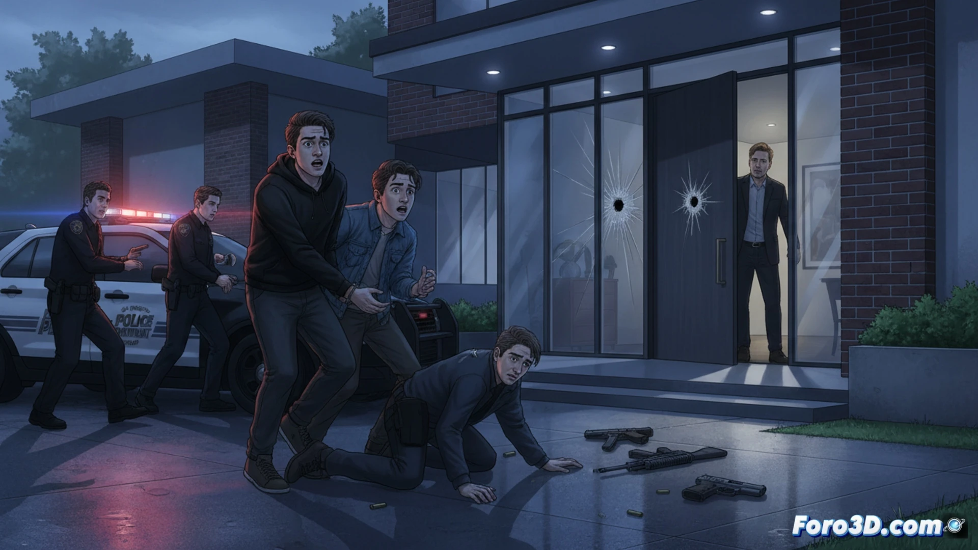 Una casa moderna iluminada de noche, con siluetas de policías y coches patrulla con luces rojas y azules destellando.