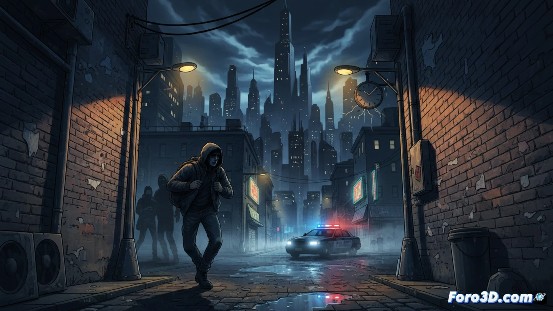 Una calle urbana al anochecer, con farolas que proyectan sombras alargadas. Un transeúnte solitario camina rápido, mirando atrás, mientras un cartel político desgastado promete seguridad en una pared grafiteada.