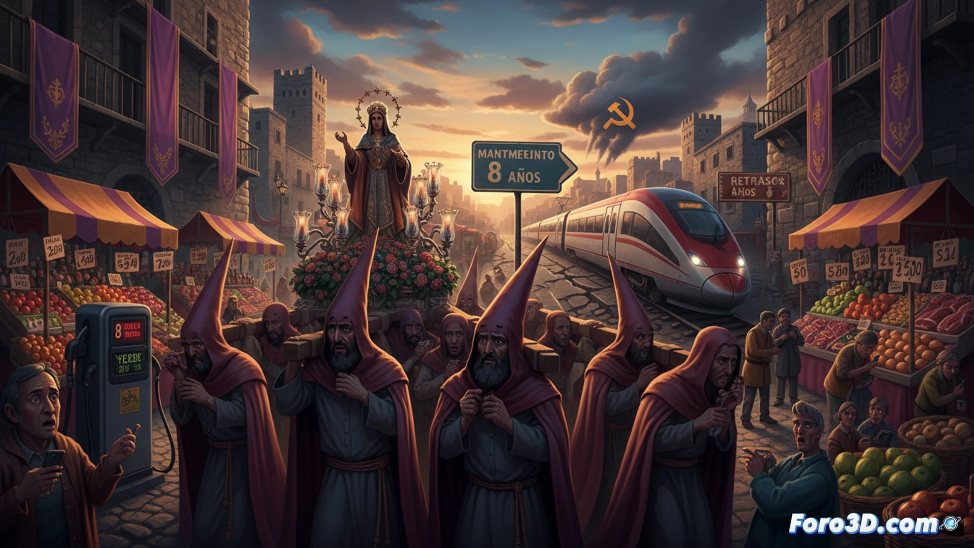 Una familia carga su coche en una gasolinera con precios elevados, frente a una carretera con baches y un cartel de Semana Santa. Rostros preocupados miran un billete de tren con retraso.