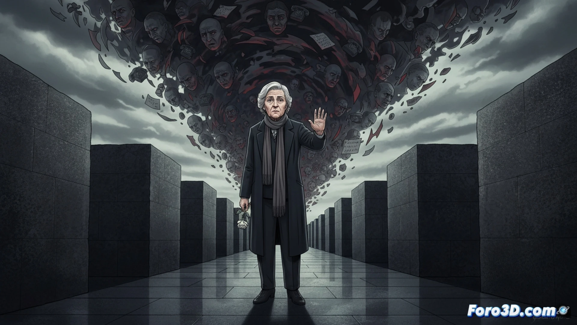 Una senadora anciana de pie ante un memorial del Holocausto, con expresión seria y una carta de odio en sus manos.