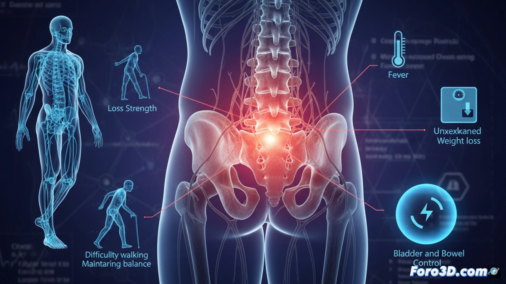 Una figura humana con la zona lumbar iluminada en rojo, mostrando señales de advertencia como un signo de exclamación, una pierna debilitada y una flecha hacia una quirófano.