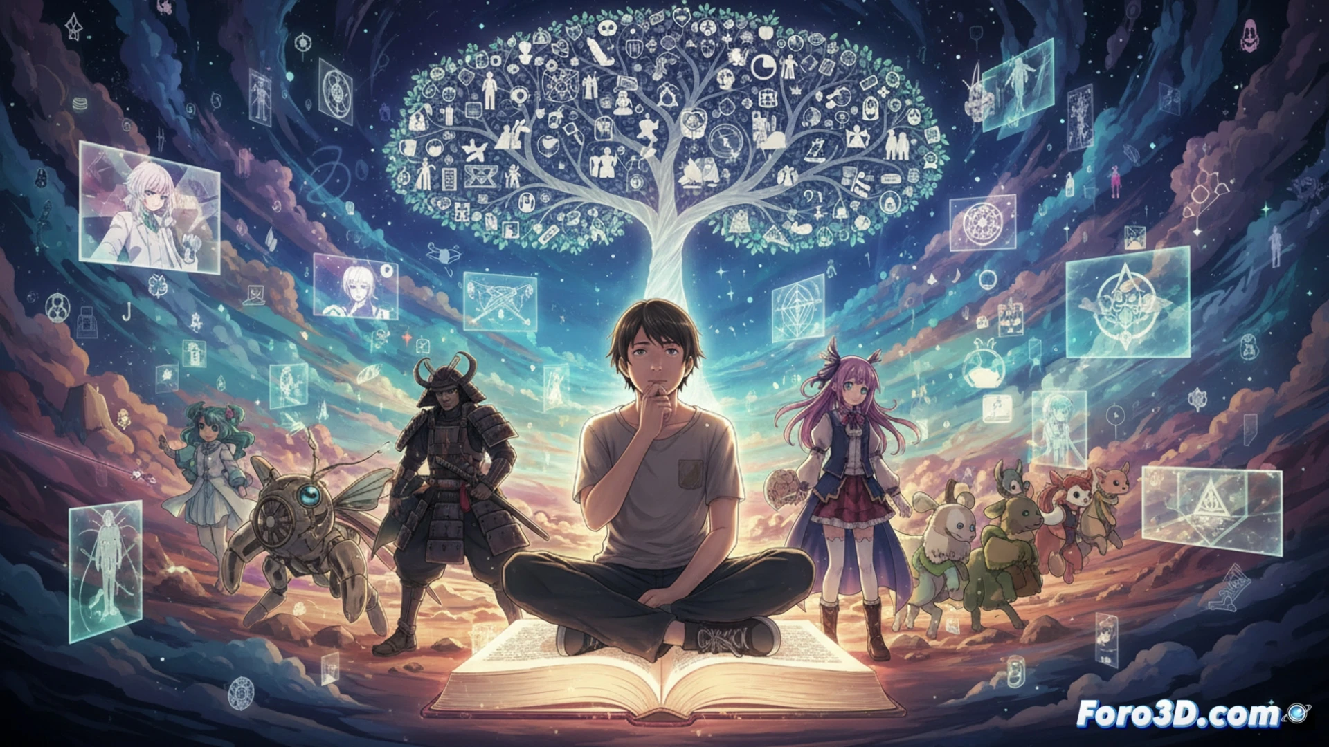 Un otaku rodeado de pósters y figuras, con una mirada analítica frente a una pantalla llena de referencias ocultas.