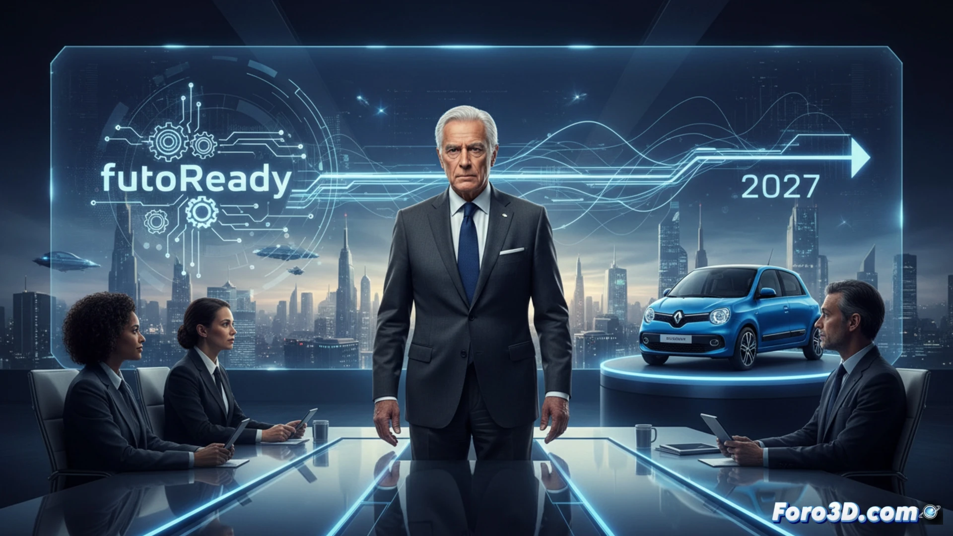 Jean-Dominique Senard, con expresión serena, en una sala de juntas de Renault, observando un horizonte de transición.