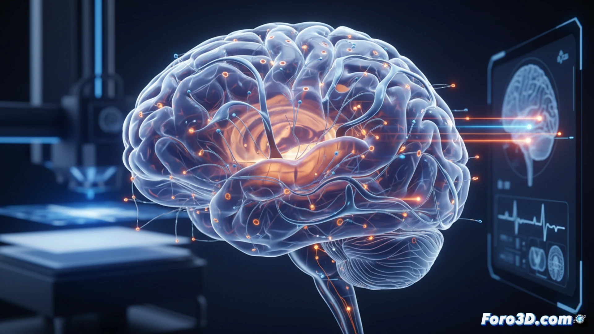 Imagen de un cerebro humano translúcido con sensores flexibles impresos en 3D adheridos a su superficie, mostrando conexiones neuronales brillantes.