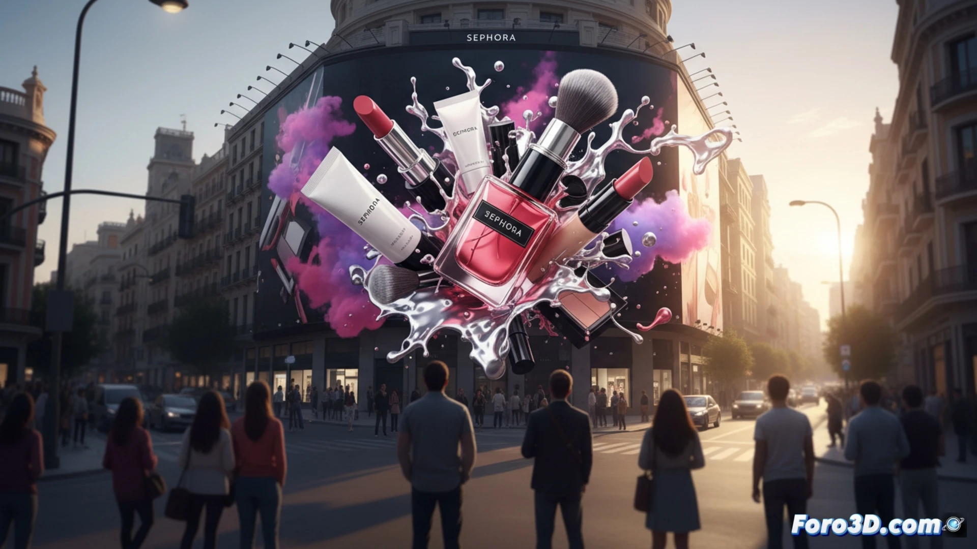 Una lona 3D de Sephora se despliega en un edificio del centro de Madrid, creando una ilusión óptica impactante para los transeúntes.