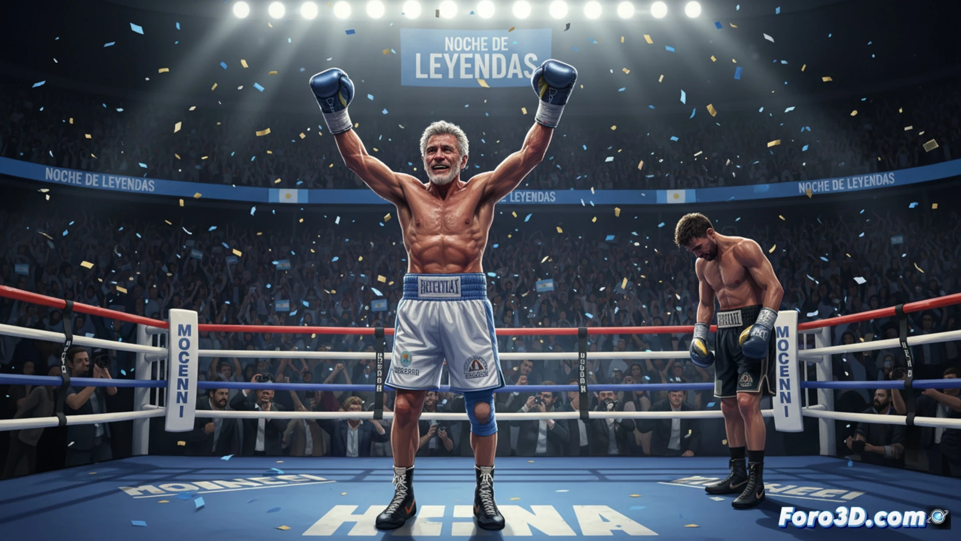 Un boxeador celebra su victoria final en el ring, rodeado por el fervor del público en un estadio de Buenos Aires.