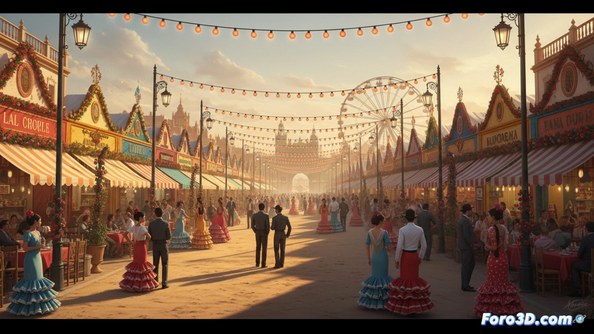 Vista aérea del Real de la Feria de Abril de Sevilla con casetas iluminadas y calles ampliadas hacia el horizonte, donde se reducen aglomeraciones.