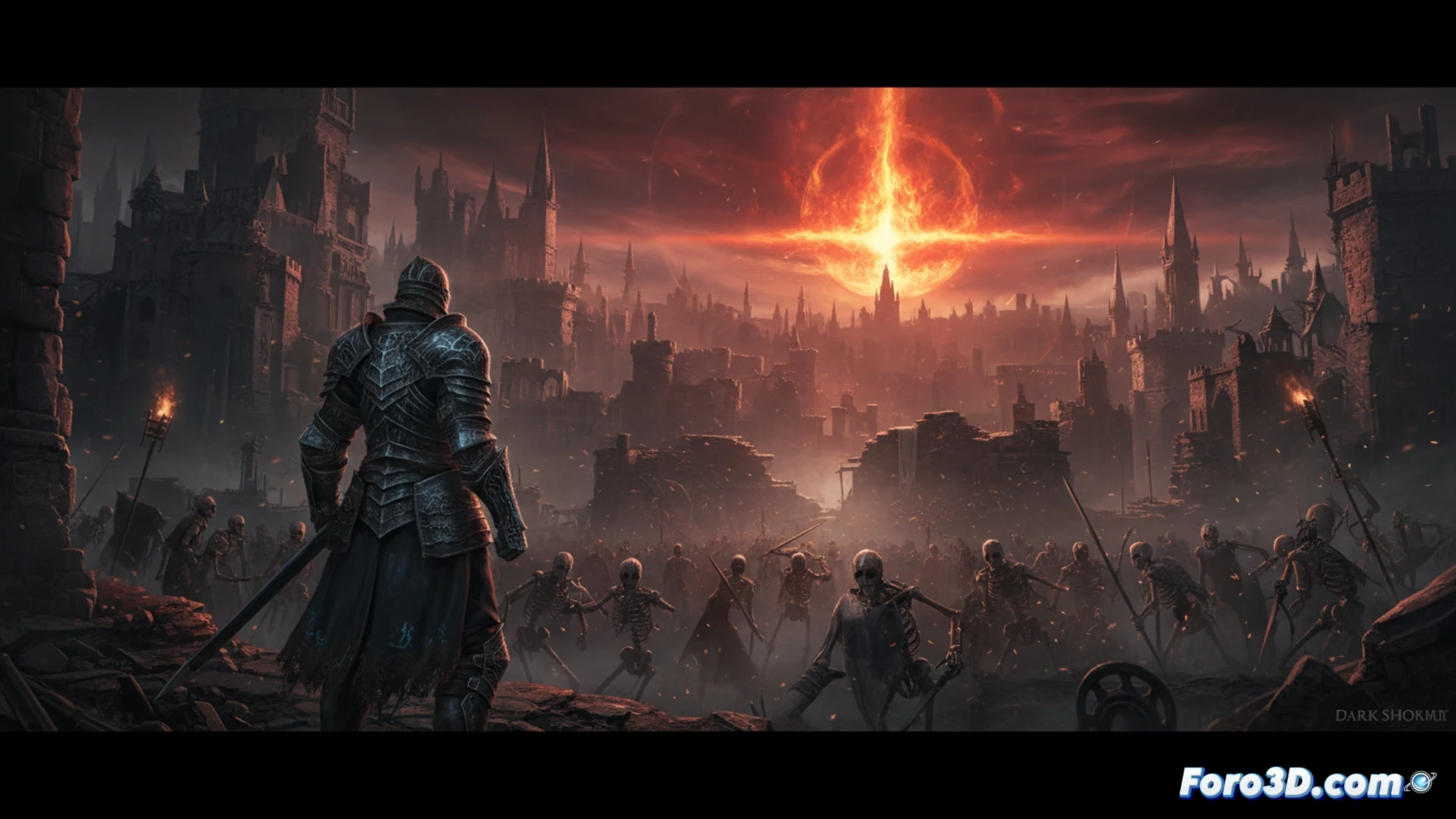 Un guerrero contempla un paisaje gótico iluminado por una nueva y dramática luz ambiental.