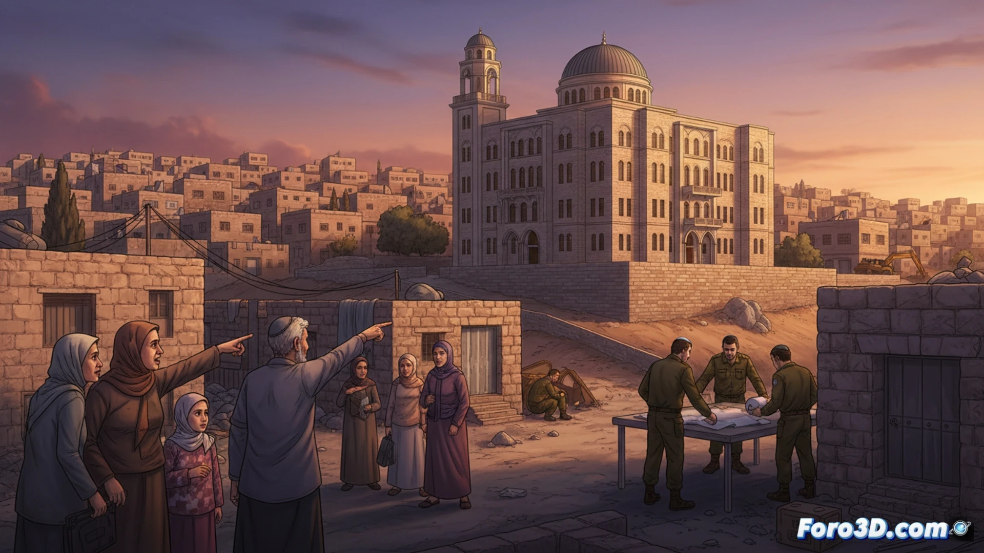 Descripción: Vista aérea de Sheij Yarrá con grúas junto a viviendas palestinas y una nueva yeshivá en construcción, bajo un cielo tenso al atardecer.