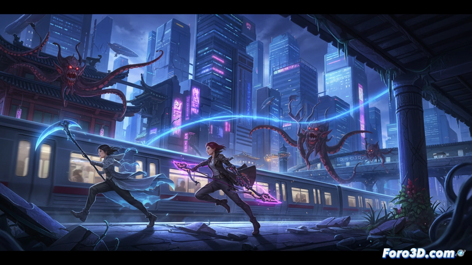 Una cazavampiros y un aprendiz de segador combaten en un escenario urbano lateral lleno de balas y energía.