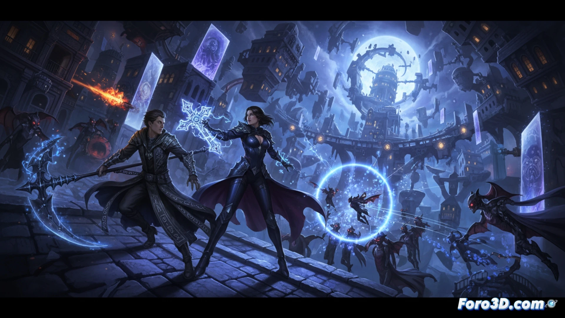 Una nave de cazavampiros surca lateralmente una ciudad con distorsiones espaciales y ondas de balas.