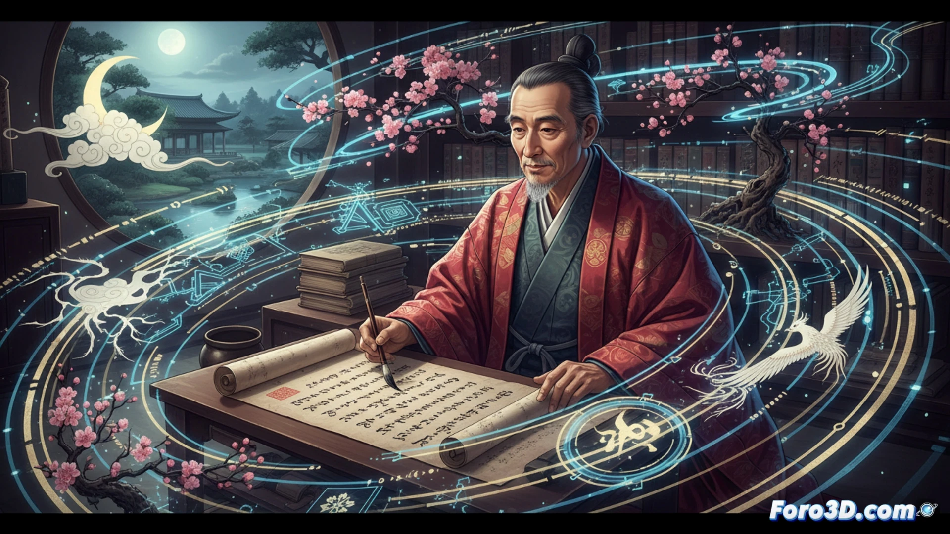 Un anciano poeta, Teika, contempla un manuscrito del Shinkokinshū bajo la luz de una lámpara, con pétalos de cerezo flotando en la tinta.