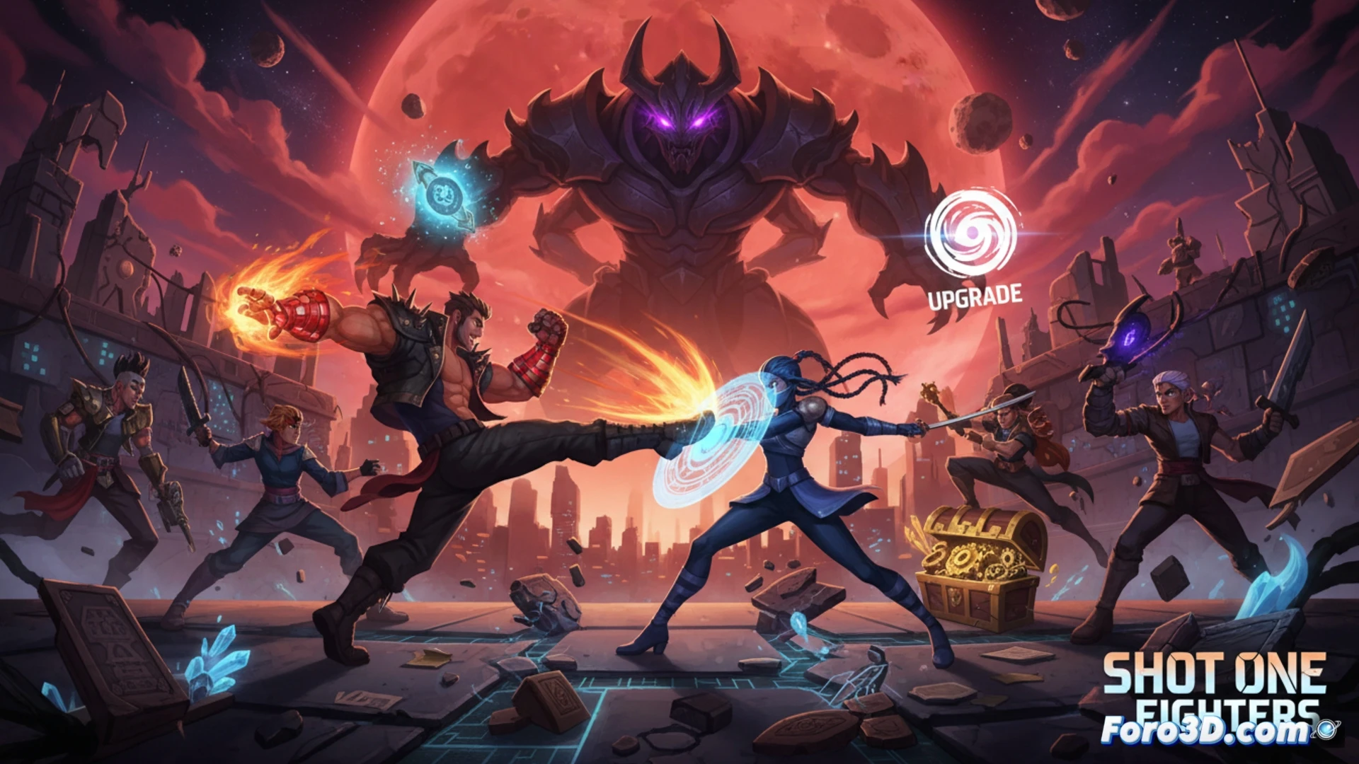 Una pantalla de lucha 2.5D muestra a dos personajes enfrentándose en un ring futurista, con barras de vida y mejoras roguelite visibles en los bordes.