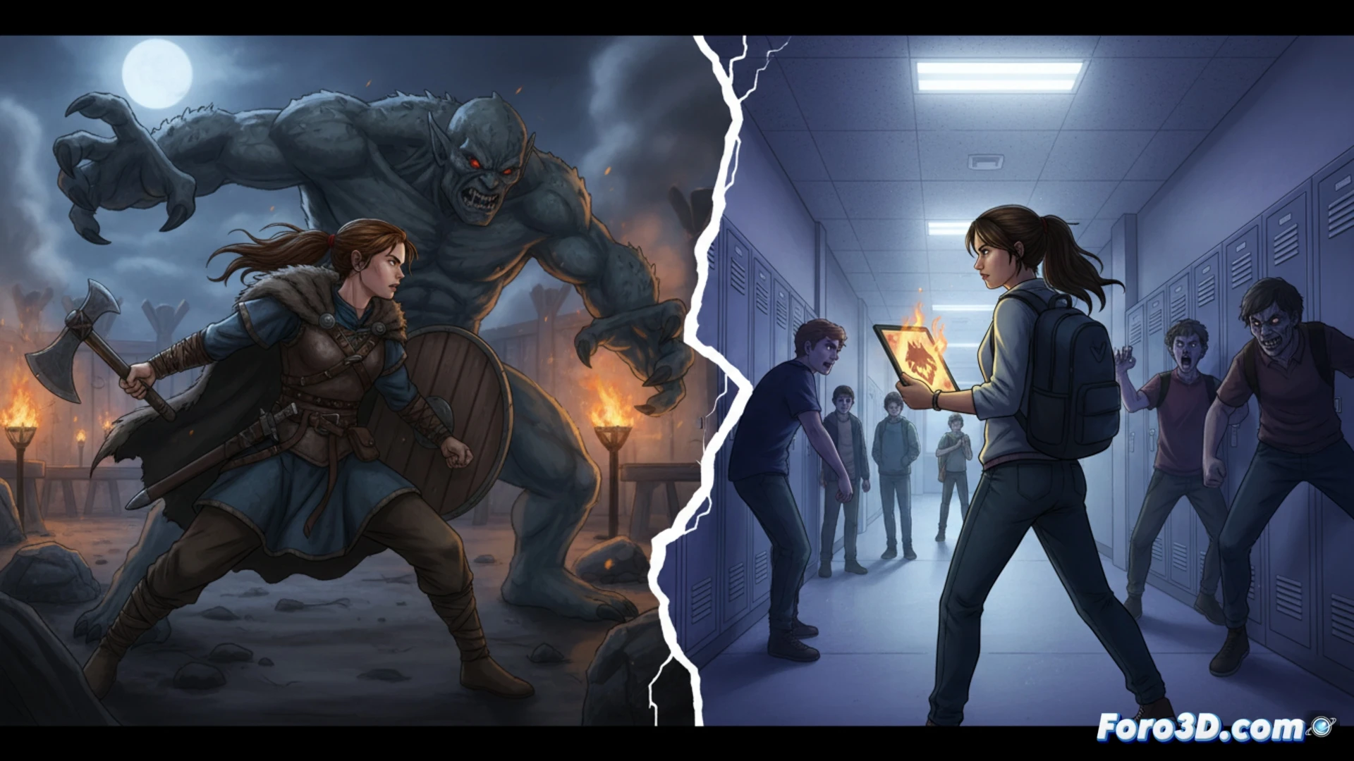 Ilustración de Beo y Wulf, heroínas en épocas distintas, unidas por su lucha contra monstruos antiguos y conflictos modernos.