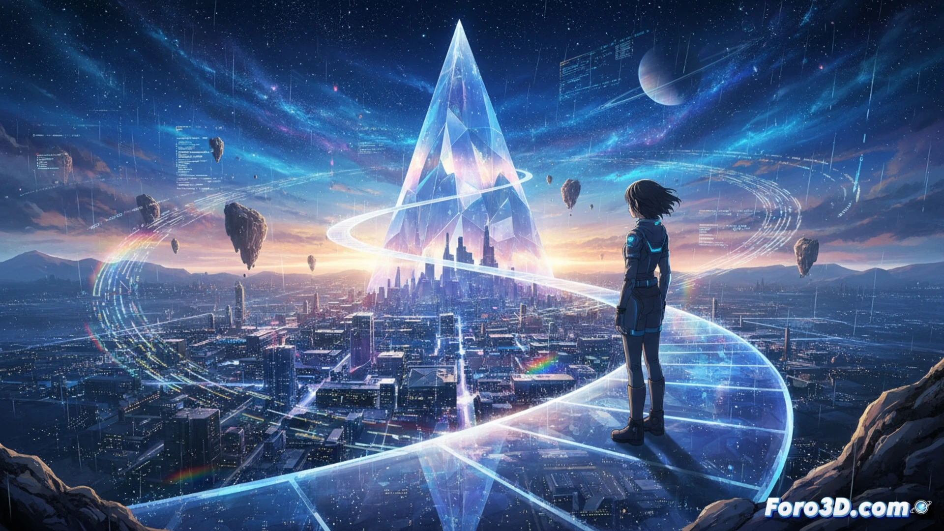 Un astronauta contempla un vasto planeta desde una cima montañosa, en un estilo 3D que evoca el anime cinematográfico.