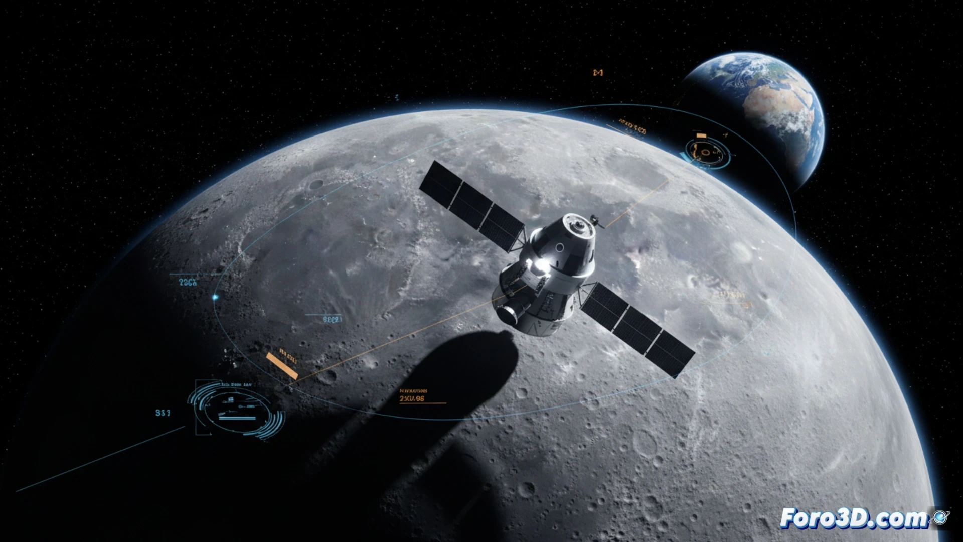 Una nave Orion sobre la Luna, con datos de telemetría y trayectoria superpuestos en una interfaz 3D interactiva.