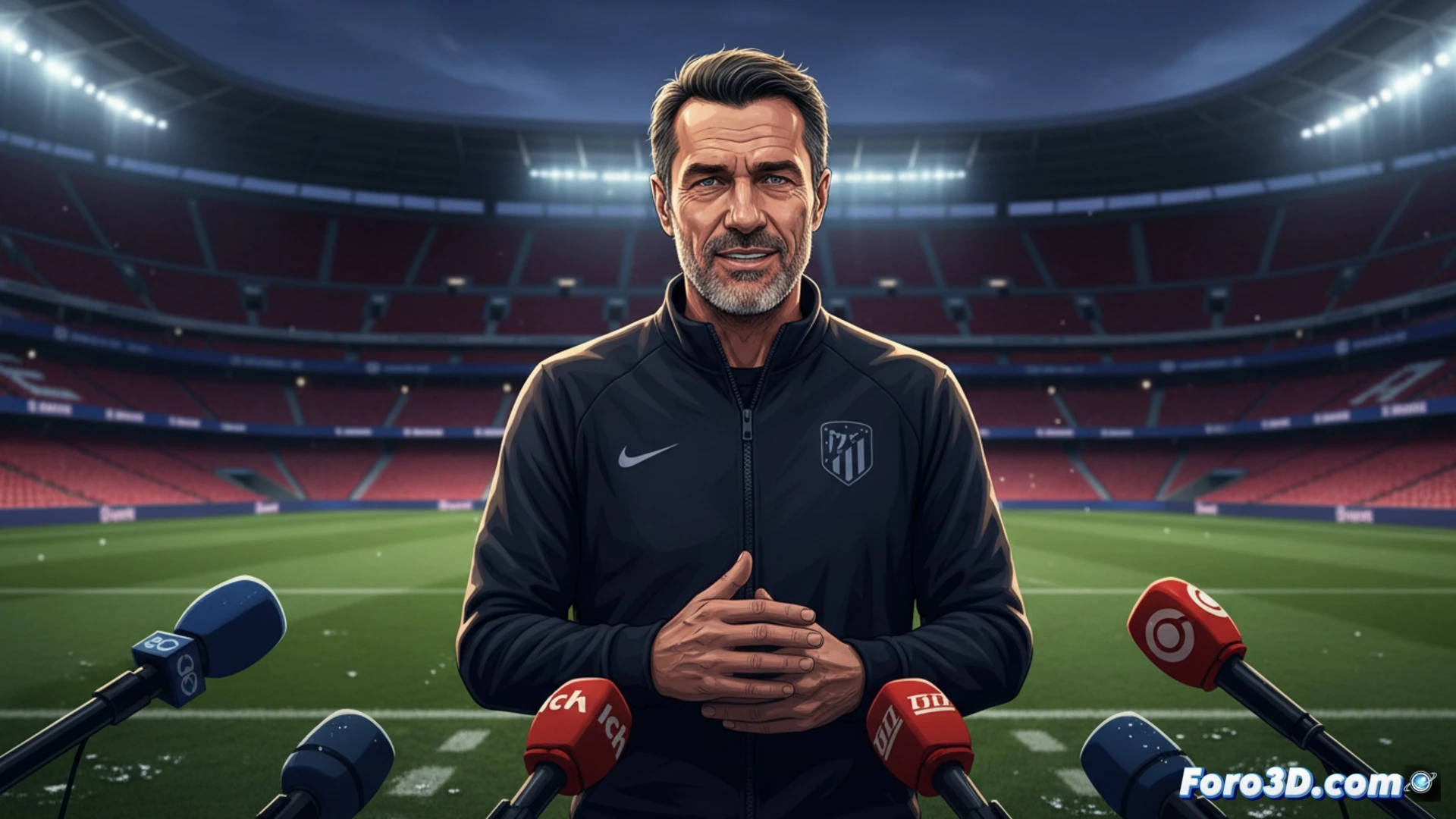 Diego Simeone, concentrado, habla en rueda de prensa. Atrás, el escudo del Atlético de Madrid. Transmite serenidad y enfoque.