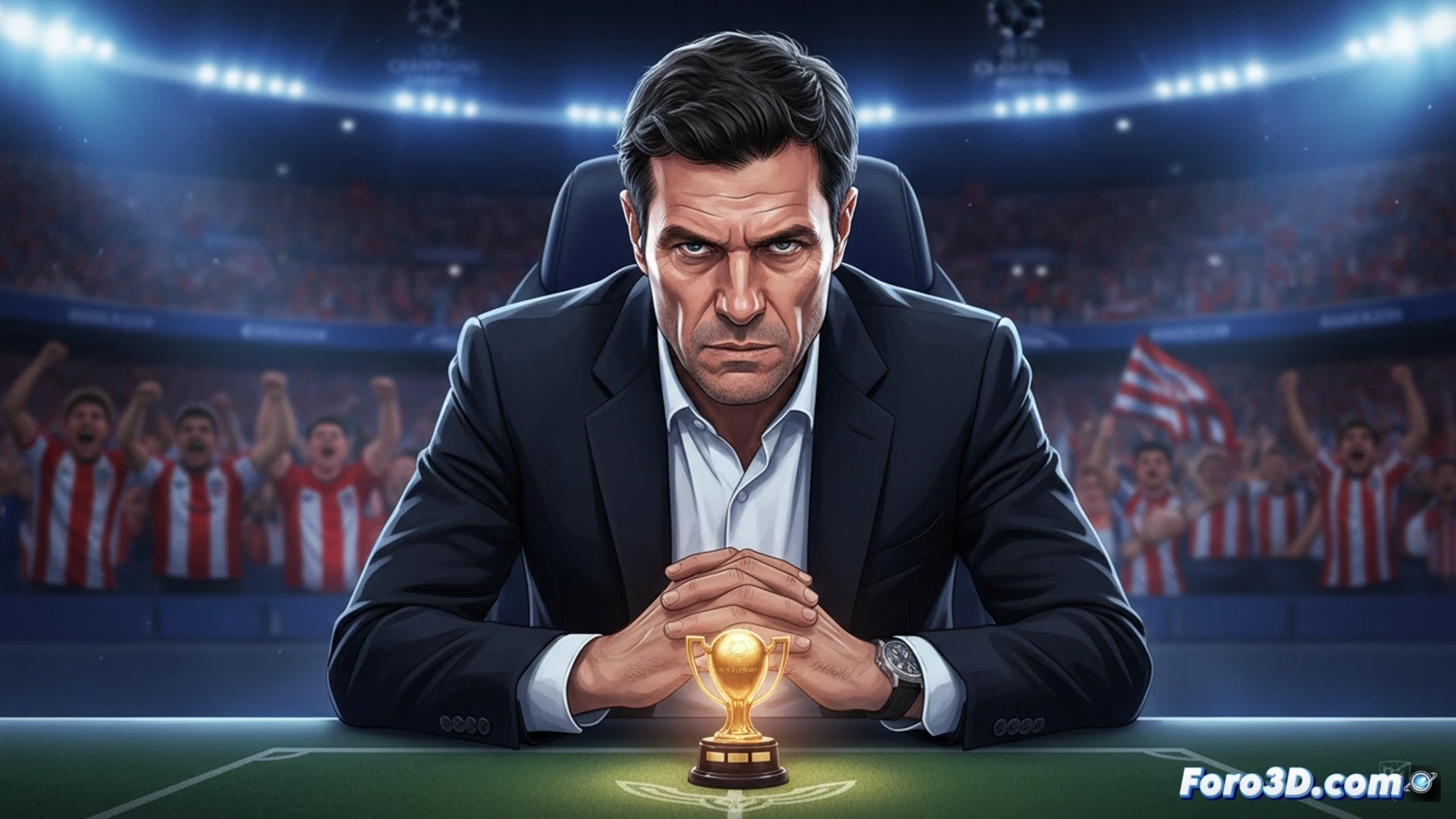 Simeone concentrado en el banquillo, con la mirada fija en el campo y la Copa del Rey como meta visible en su pensamiento.