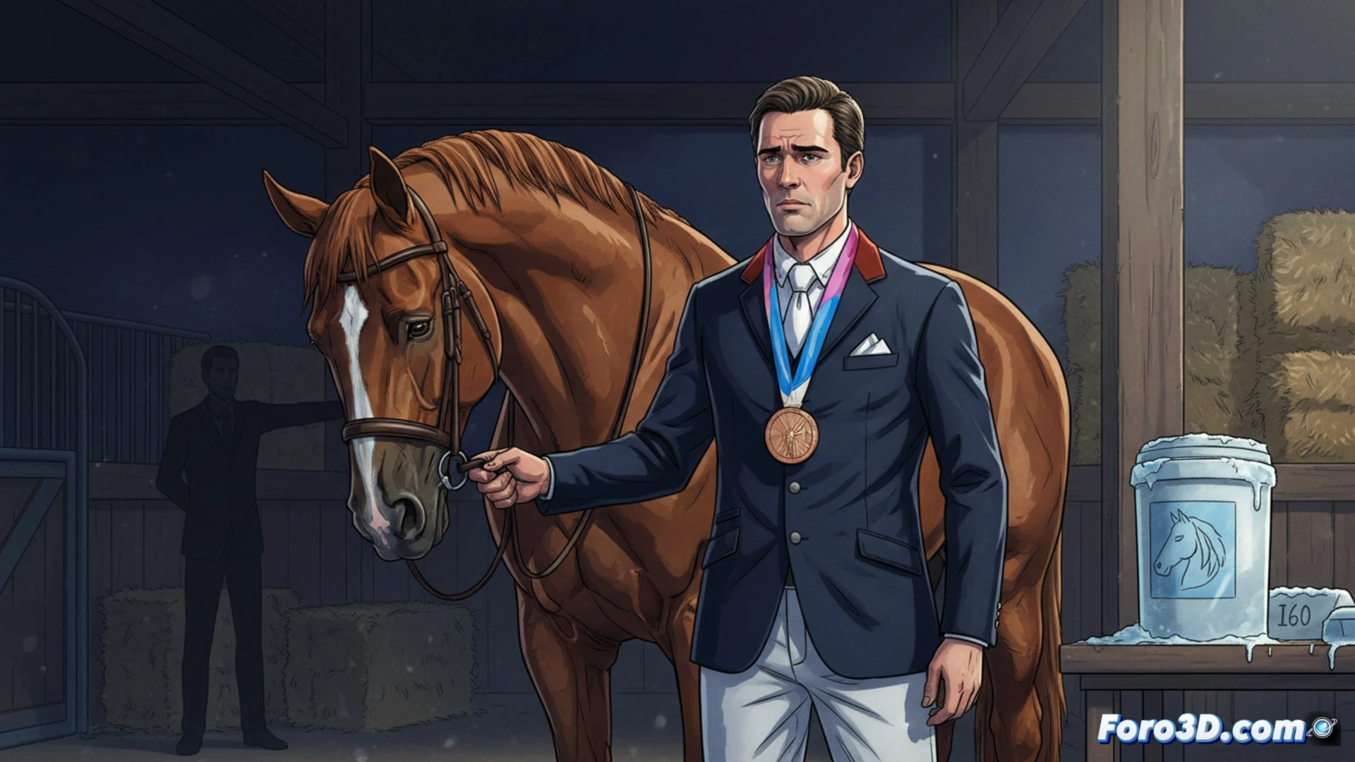 Un jinete ecuestre en un establo, junto a un caballo, con frascos de semen congelado y dinero, fondo de tribunal.