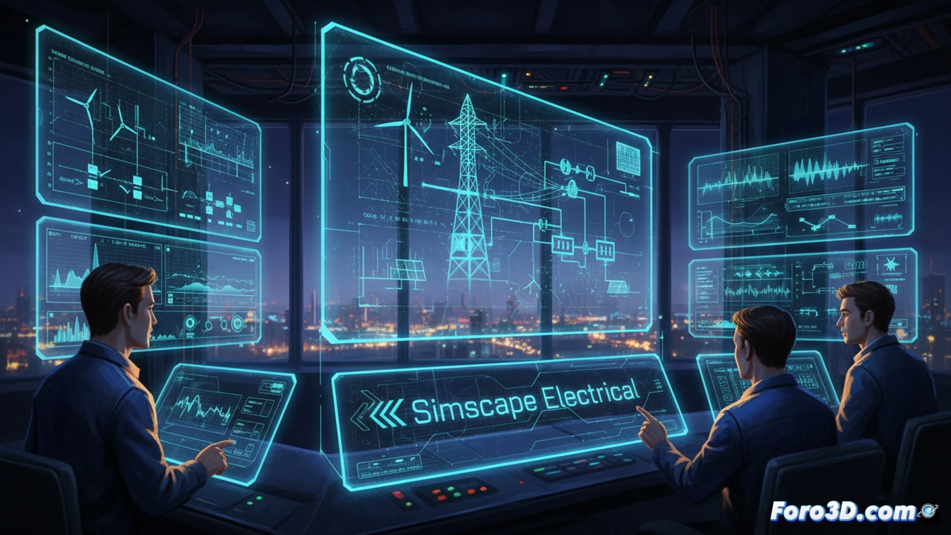 Diagrama técnico de Simscape Electrical: red eléctrica con convertidores, fallos y estabilidad en múltiples escalas temporales.
