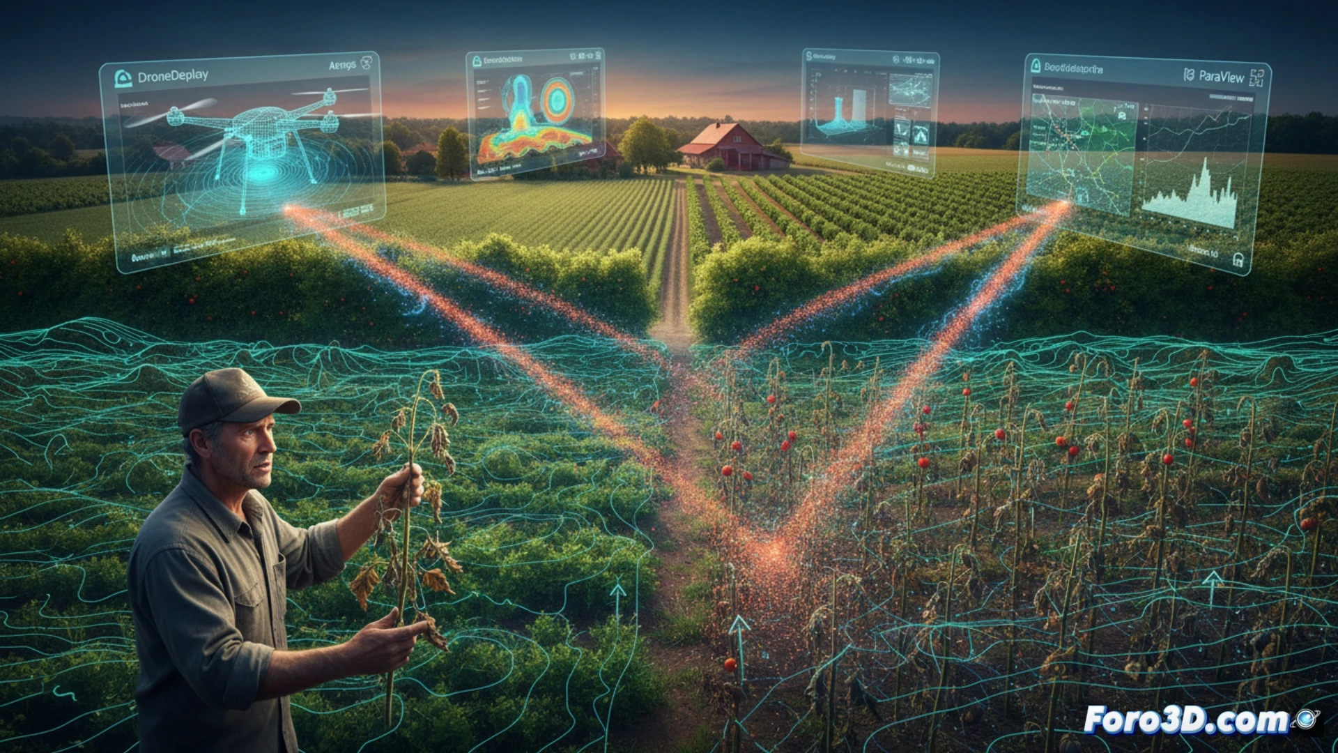 Simulación 3D de partículas revela deriva química oculta entre campos agrícolas, con barrera vegetal fallida