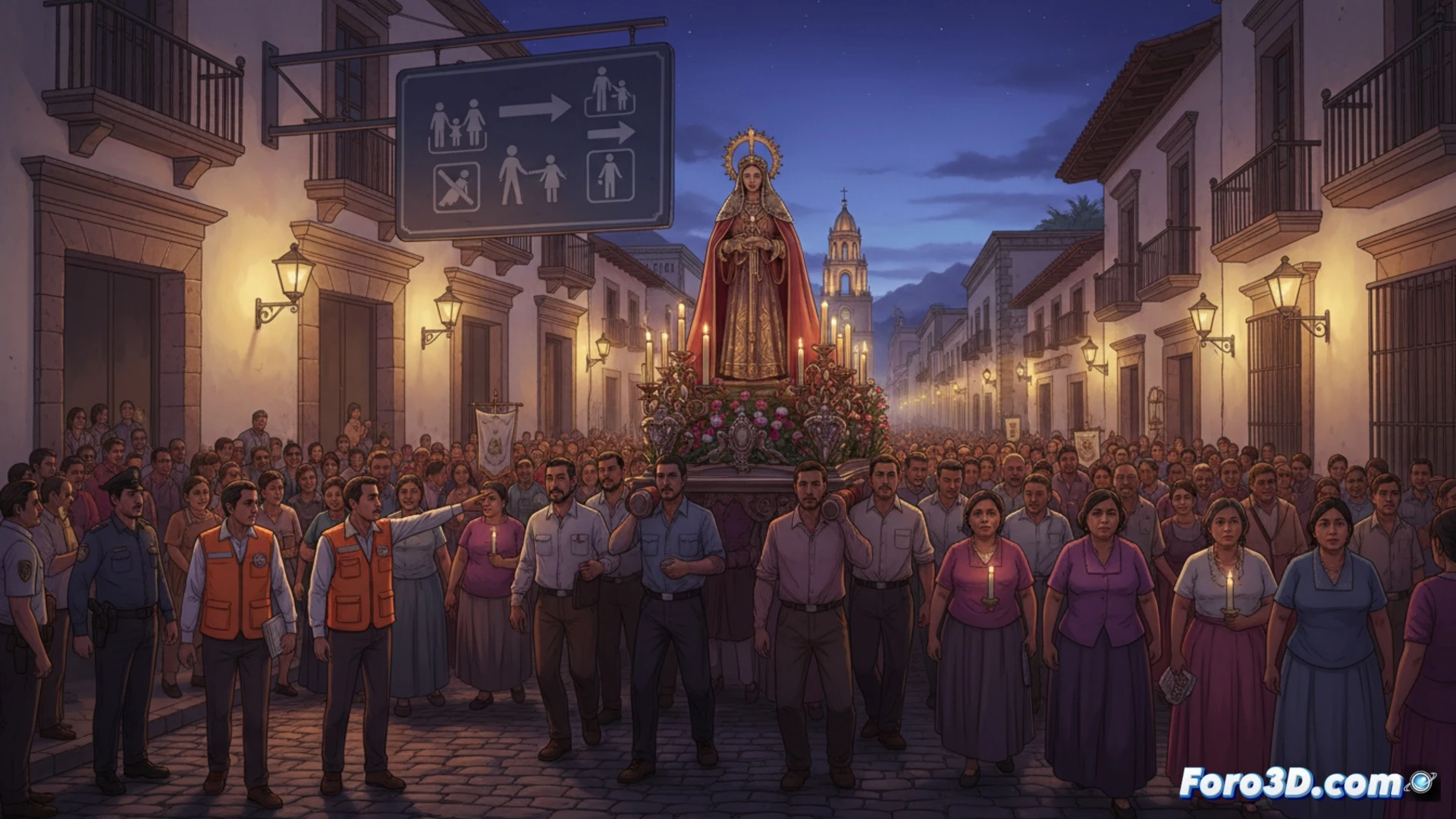 Modelo 3D de una plaza llena de gente, con rutas de evacuación y puntos críticos resaltados en colores sobre la simulación.