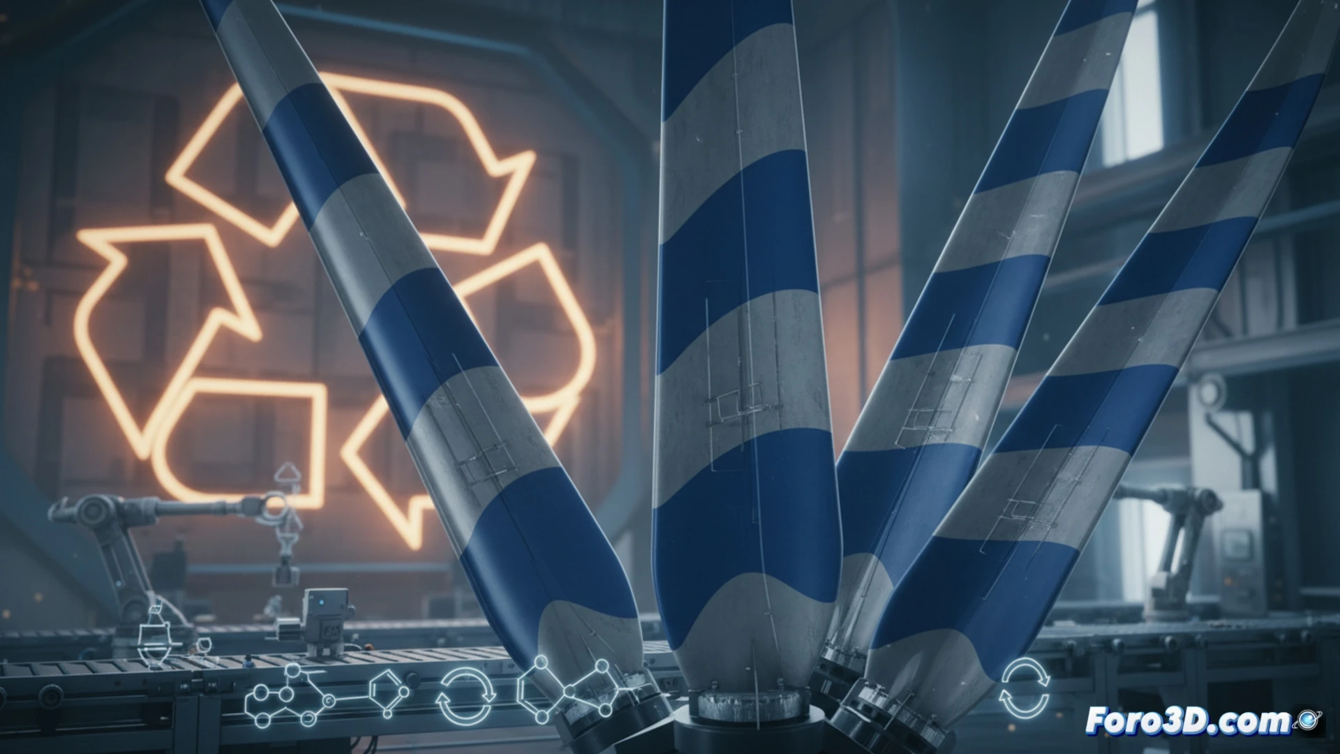 Simulación por elementos finitos de un aspa de aerogenerador mostrando tensiones cíclicas y zonas de fatiga.