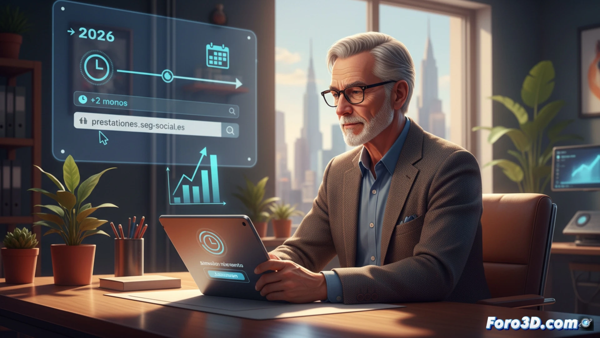 Pantalla de un simulador digital de pensiones mostrando una proyección de jubilación y datos personales en gráficos claros.