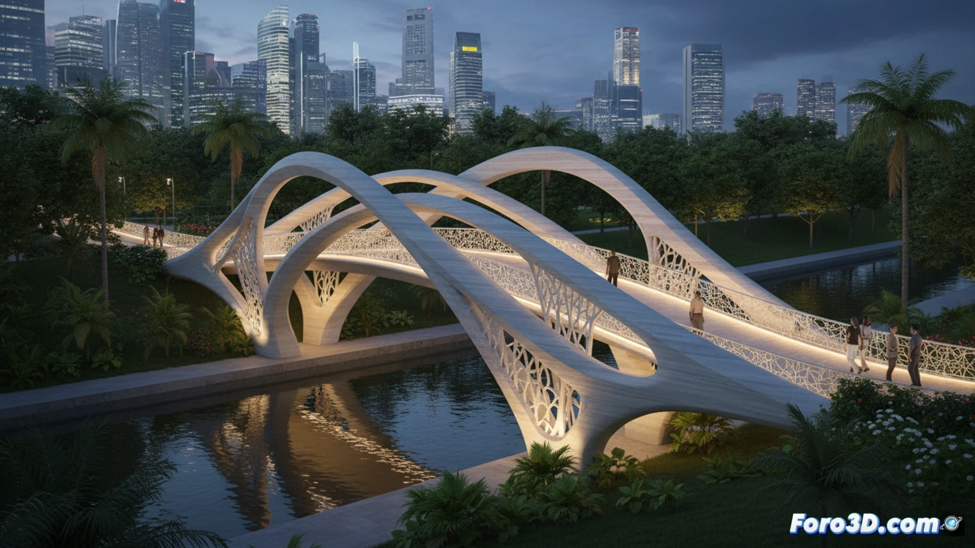 Un puente peatonal de hormigón impreso en 3D, con diseño orgánico y moderno, en un entorno urbano de Singapur.