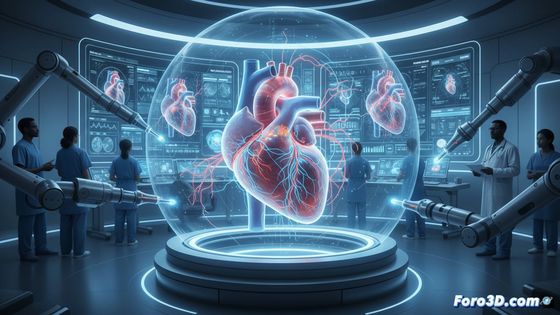 Un cardiólogo observa un mapa 3D del corazón en una pantalla, con el logo del Gregorio Marañón y la FDA superpuestos.