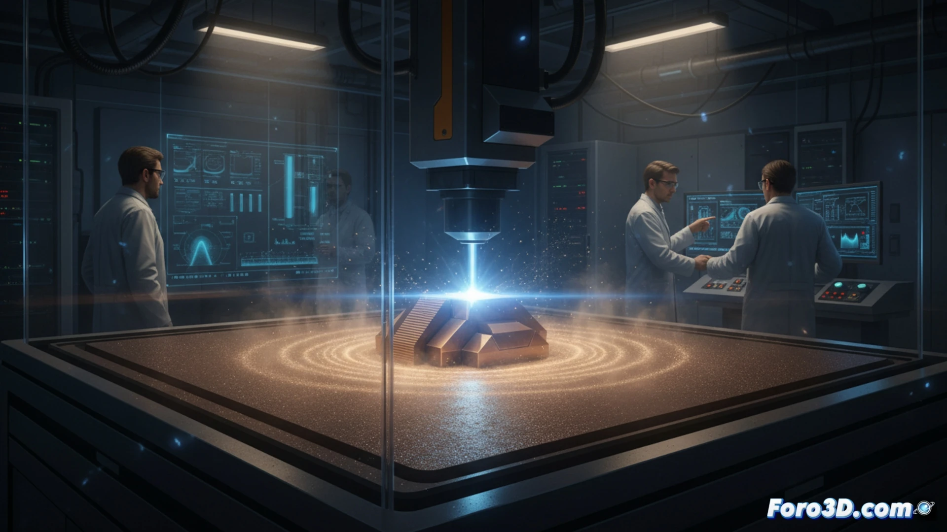 Un láser funde polvo metálico reflectante en una cámara de impresión 3D, creando una pieza compleja de bronce de aluminio.