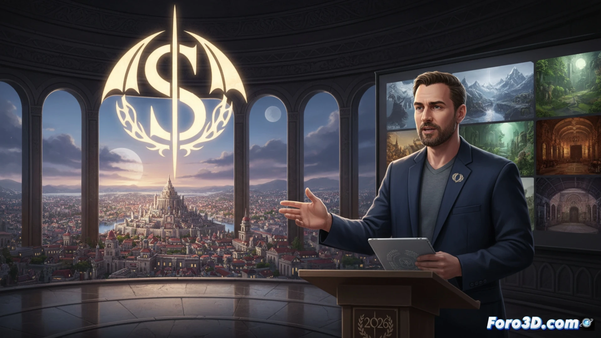 Un equipo de desarrolladores puliendo detalles gráficos en la vasta y terminada Ciudad Imperial de Skyblivion.