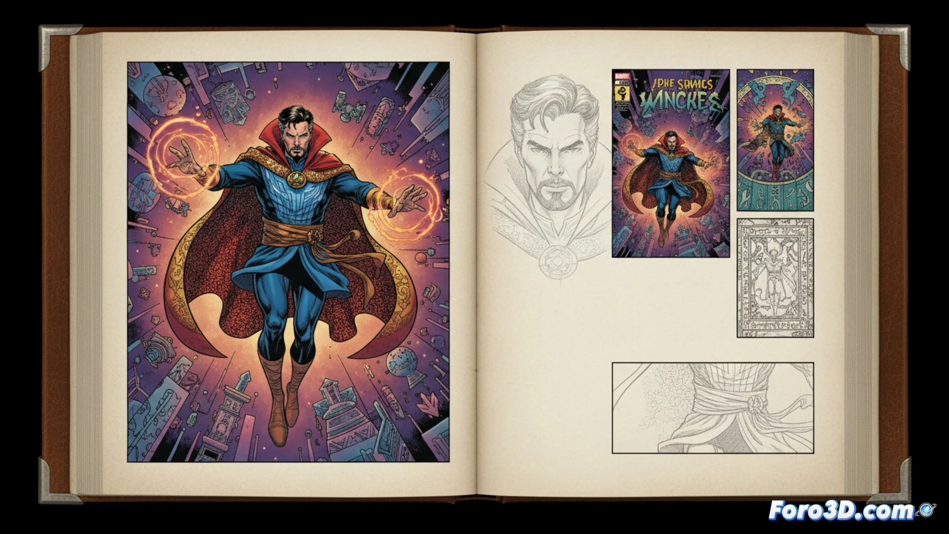 Un libro de arte de gran formato muestra bocetos e ilustraciones de Paul Smith sobre Doctor Strange.