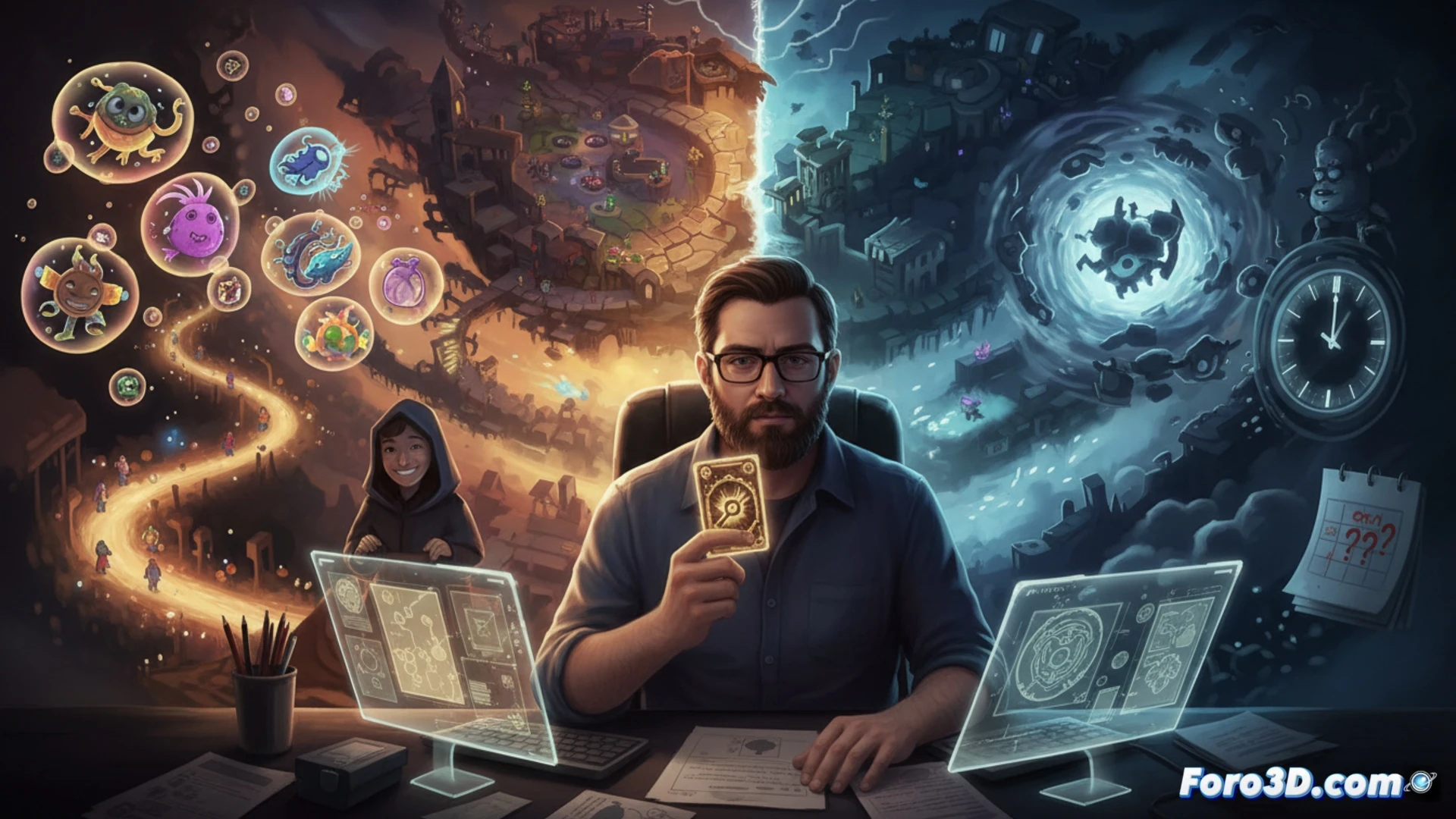 Una ilustración conceptual de Slay the Spire 2, mostrando un tablero de desarrollo flexible con cartas de diseño y un reloj sin manecillas.