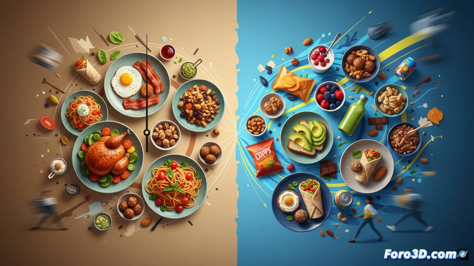 Una persona picando snacks procesados frente a un reloj, con frutas y verduras desenfocadas al fondo.