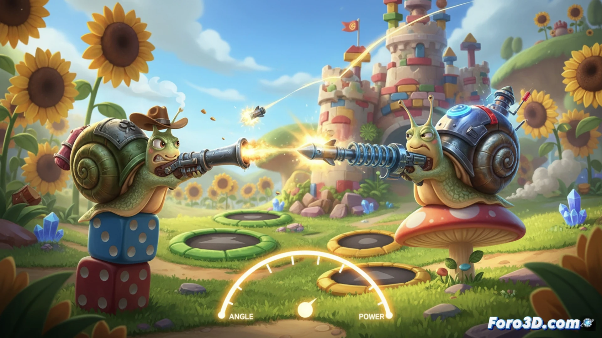 Dos caracoles con armas se enfrentan en un campo colorido, apuntando en un duelo por turnos con ángulos y potencia calculados.