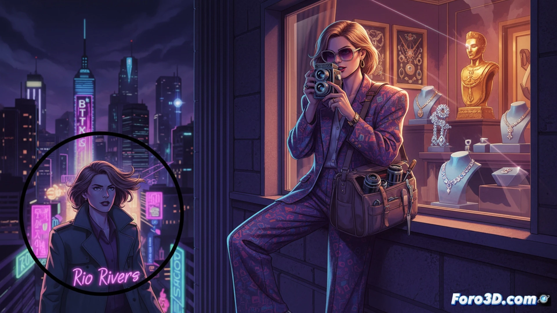 Un ladrón en silueta escala un rascacielos iluminado por la luna, con ventanas que muestren puzles de seguridad. Fecha 