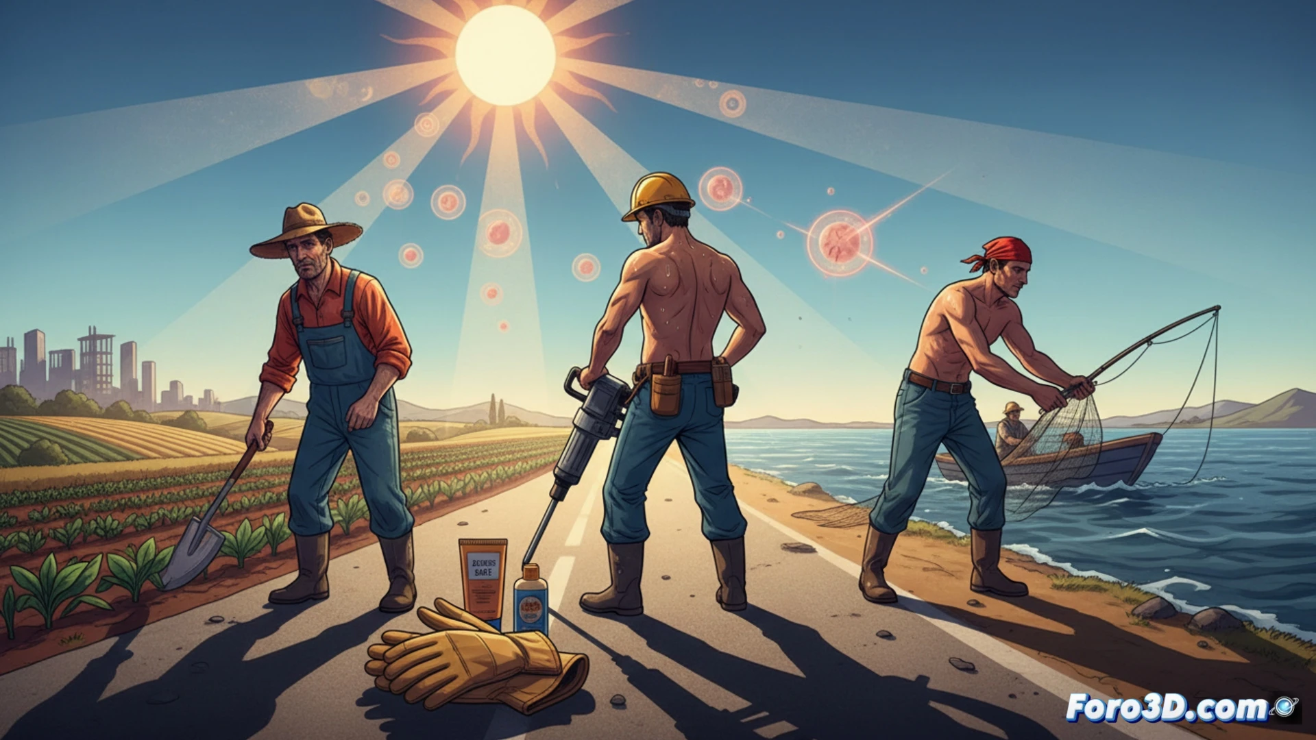 Un trabajador agrícola de espaldas, con camisa desgastada y sombrero de paja, bajo un sol radiante. Su brazo quemado contrasta con el cielo azul.