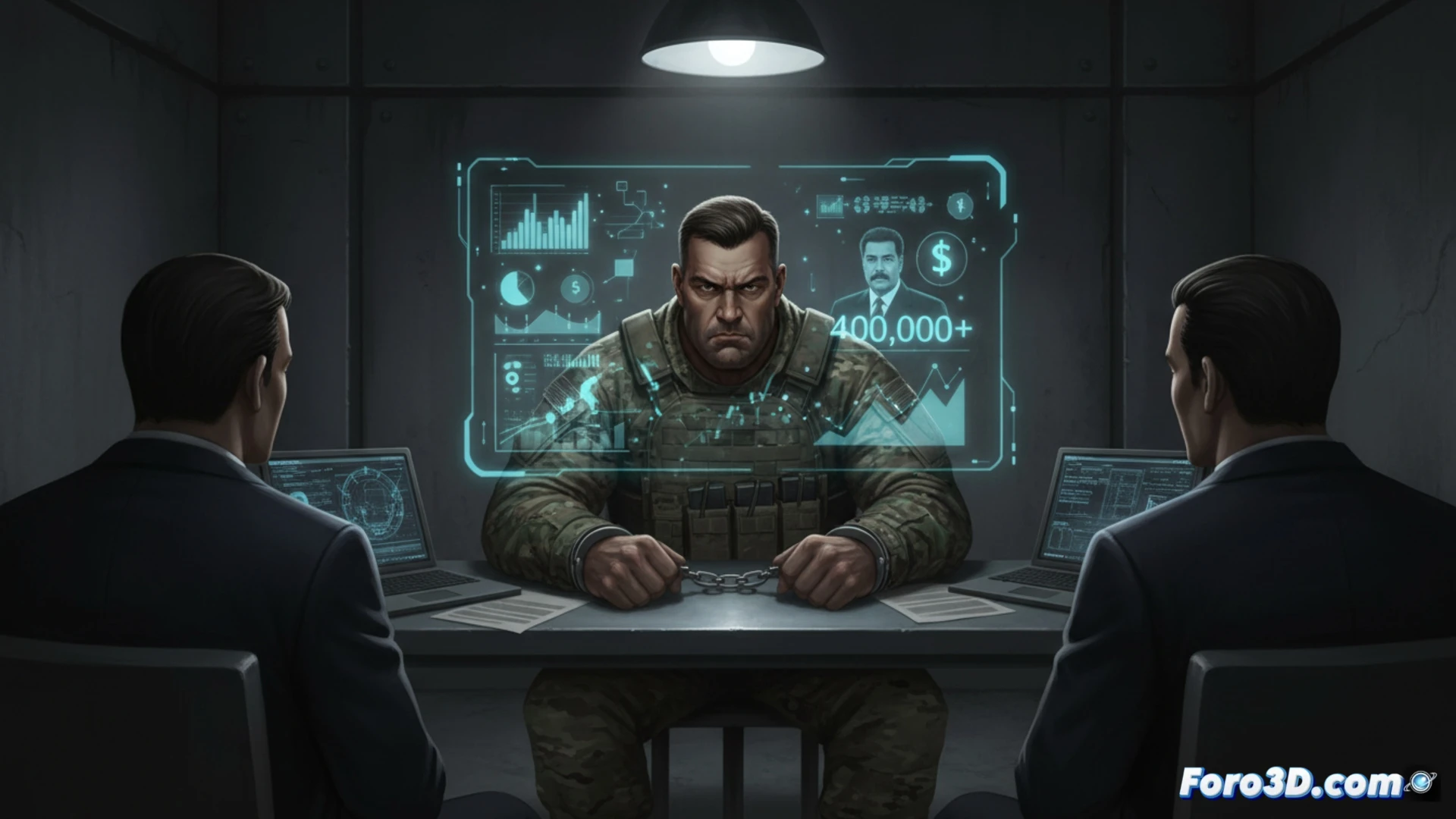 Un soldado de élite esposado frente a una pantalla de Polymarket con ganancias de 400.000 dólares y la imagen de Maduro.