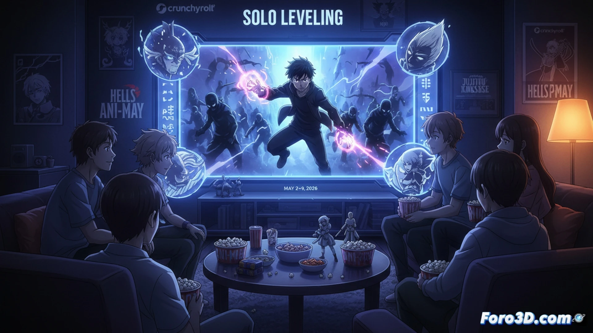 Póster vibrante de Solo Leveling con Jin-Woo sobre fondo púrpura. Logos de Crunchyroll y YouTube. Texto: 'Gratis por una semana'.