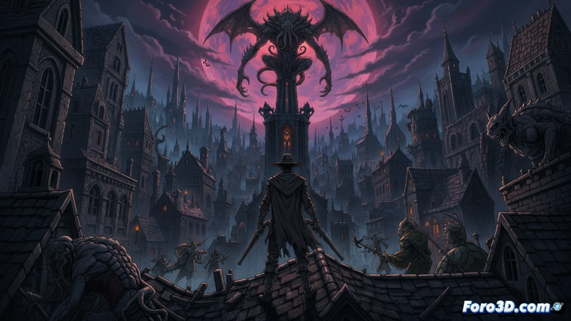 Una animación gótica y sangrienta de Yharnam, con cazadores y bestias en una noche eterna.