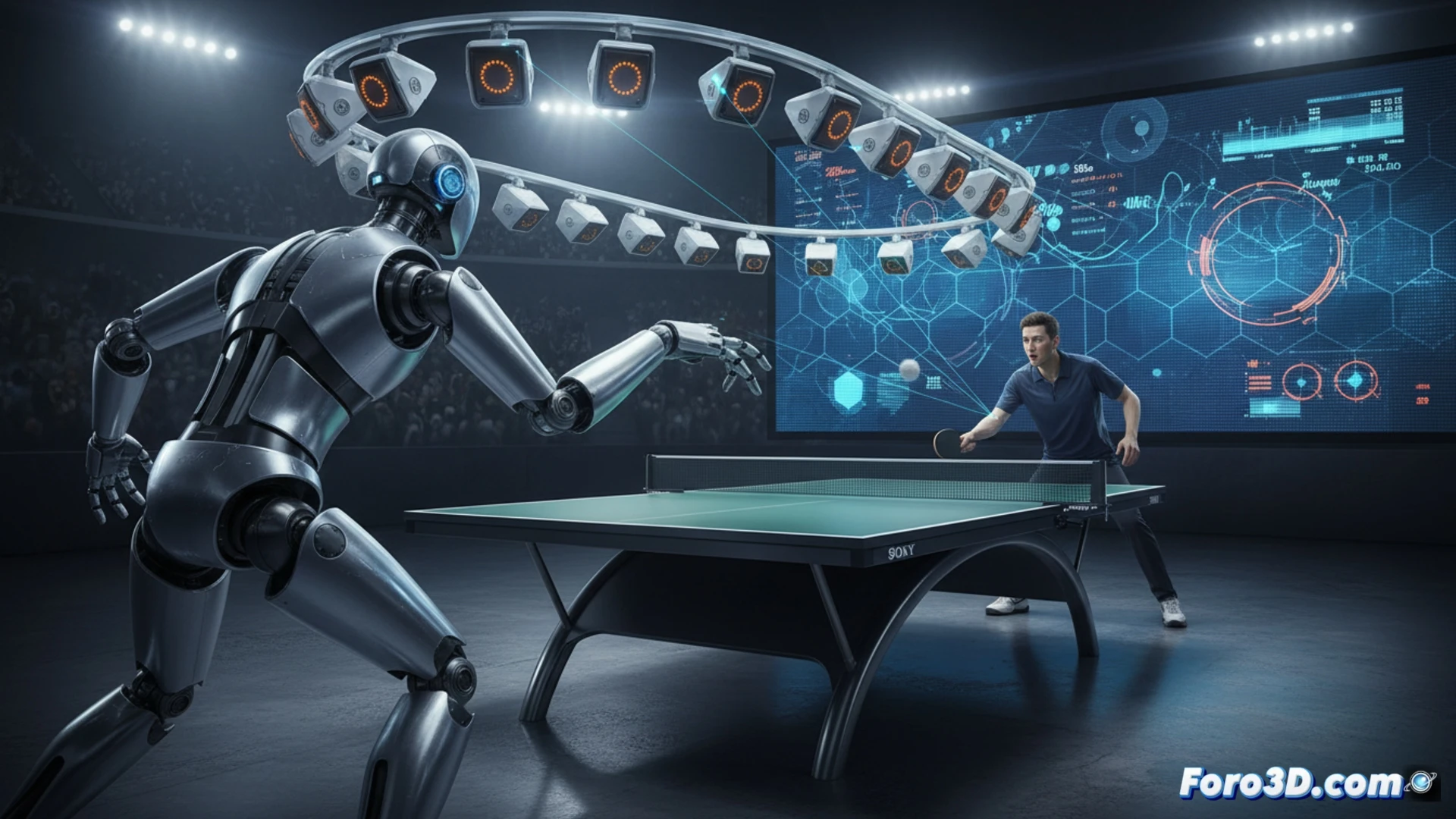 Un robot humanoide de Sony, Ace, compite en una mesa de ping-pong contra un jugador profesional concentrado.