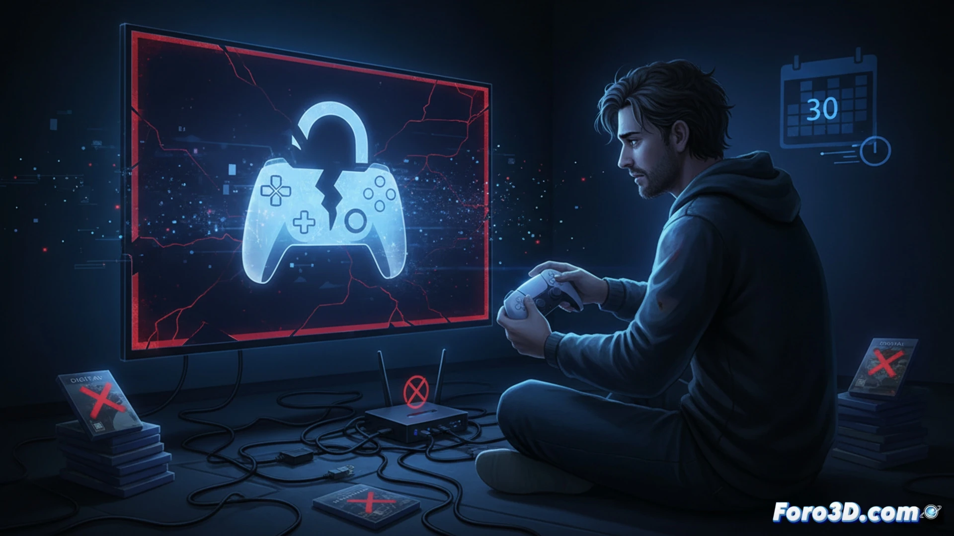 Primer plano de un mando de PS5, con un candado digital rojo sobre la pantalla de la consola. Al fondo, un calendario tachado muestra el día 30.