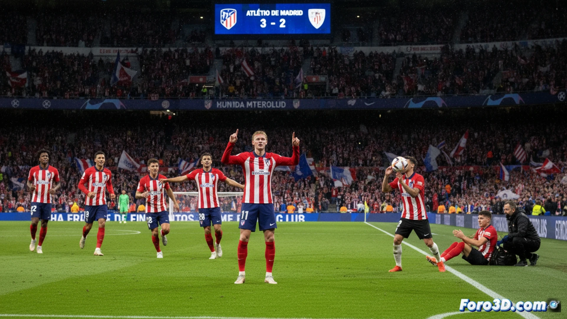 Un jugador del Atlético celebra un gol mientras otro es retirado en camilla; fondo de estadio y marcador 3-2.